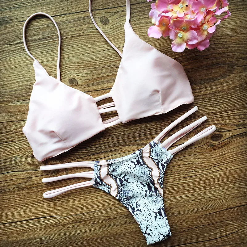 

2018 Bikini Snake Bottom PInk Women Sexy Bikinis Mujer Brasileno With Thong Two Piece Swimsuit Beach Wear