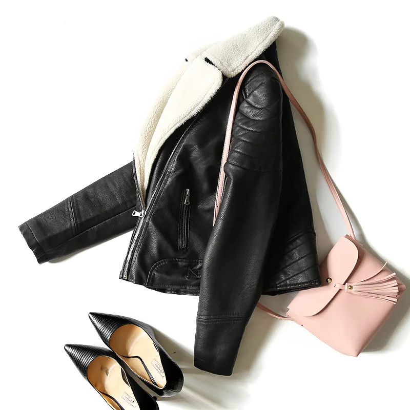 Cena Nowy 2019 Faux kożuch Shearling płaszcz zimowy kobiety czarny ciepły motocykl ulica miękkie futro jagnięce kobiety skórzana kurtka UV3018