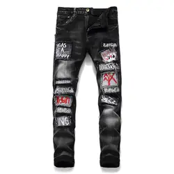 KIMSERE Для мужчин марка NEW Fashion Hi Street вышитые джинсы брюки с заплатками уличной моды рваные джинсы, джинсовые брюки для девочек в стиле панк