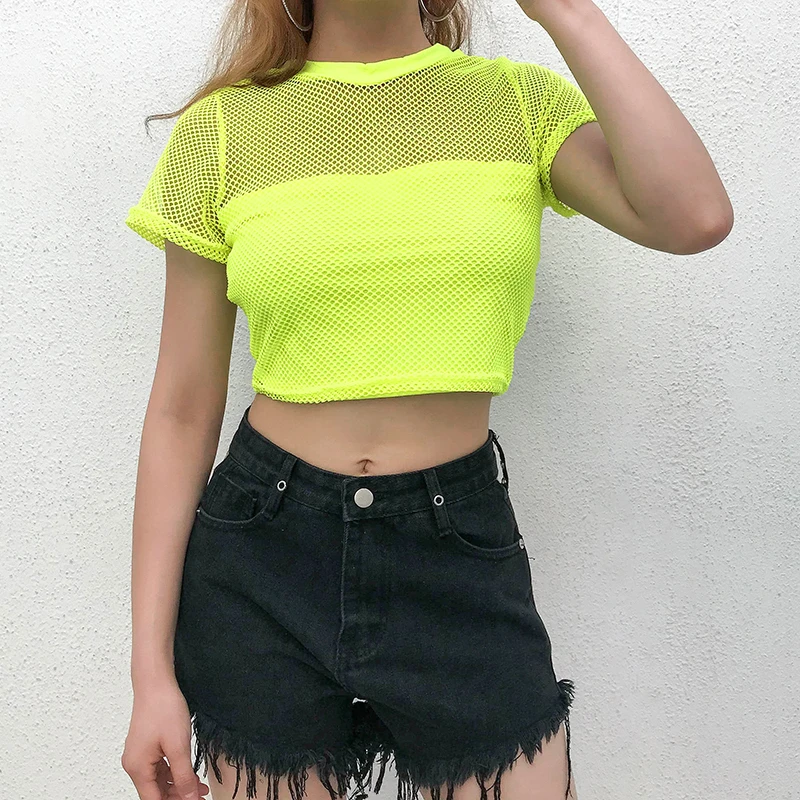 

T-Shirts Women New arrival Made Tshirt Girls Clubwear Mesh Fishnet Hollow Out Short Sleeve Short length Hot Popular Tee Shirt
