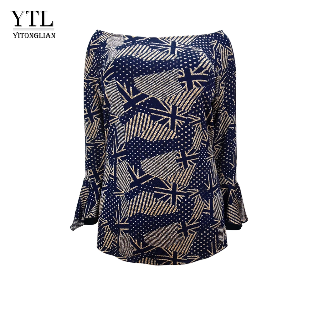 

YTL Plus Size Women T Shirt Autumn Winter Female Clothing Vintage Golden Jacquard Boat Neck Flare Long Sleeve Tshirt Tops H147