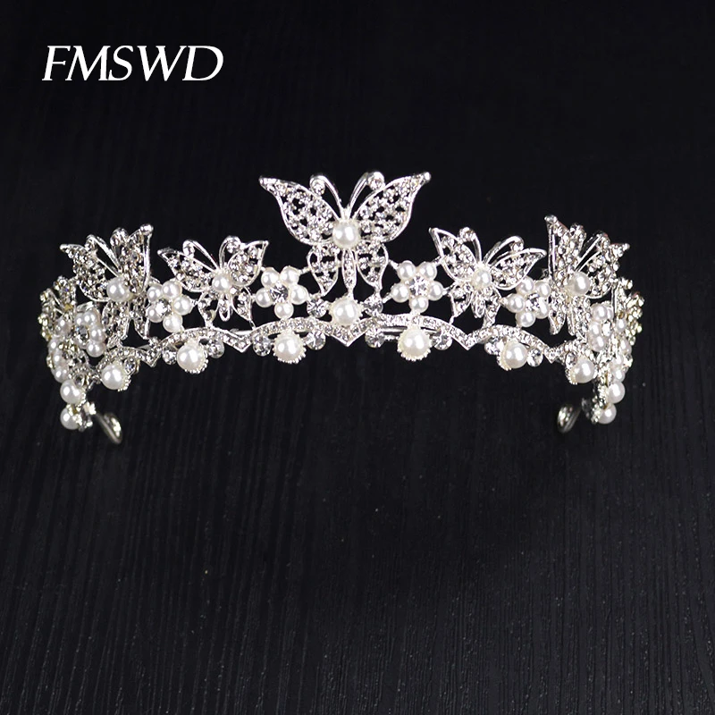 

Trendy Crystal Tiara Butterfly simulated pearl tiara Crown For Wedding Prom Tiara Headdress Hair Jewelry Accessories HG-035