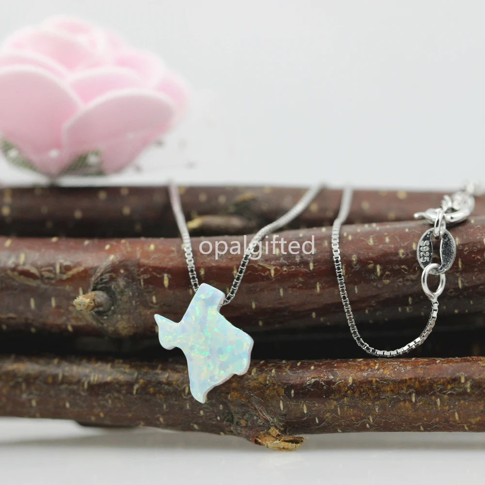 

(1pc/lot)Hot sale 925 Sterling Silver jewelry fire white synthetic opal stone Texas silver color USA map women girl necklace