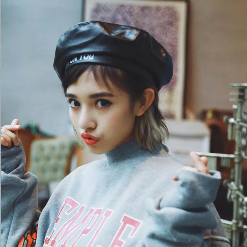 Black Leather Beret Hat Embroidery Beret Flat Cap Boina Feminina Letter Hats Women Girls Painter Cap Winter Hats