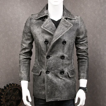 

New Style Vintage Motorcycle Jacket Man Autumn Long Cow Leather Jacket Men Casual Double Breasted Coat Male Jaket Kulit 3XL