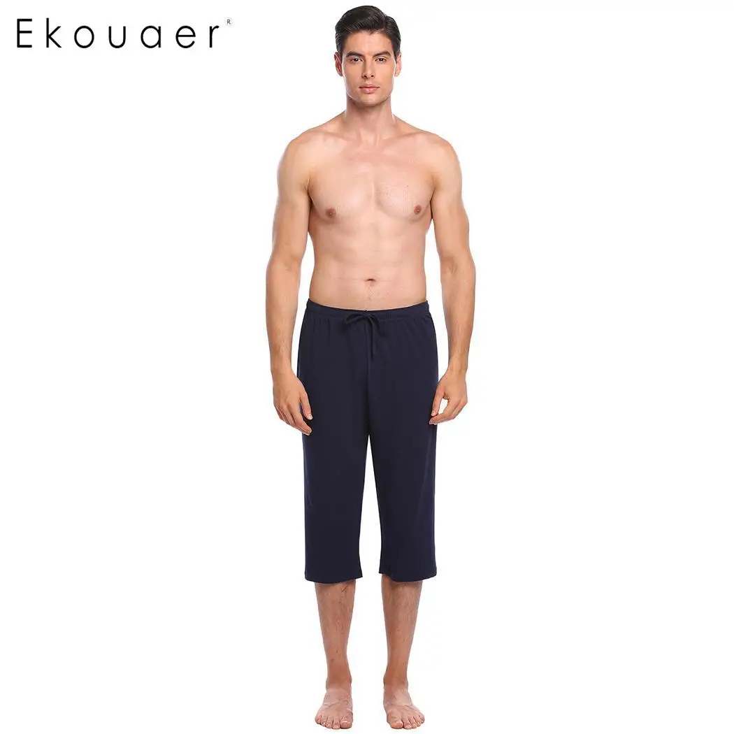 

Ekouaer Elastic Casual Sleepwear Pant Comfortable Solid Pocket Lounge Men Drawstring Waistband Half Length Pants Nightwear
