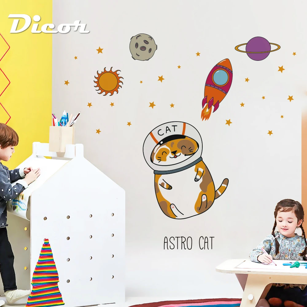 

60CM Kid Room Cartoon Big Wall Sticker Cat Cute Astronaut Anime Poster Colorful Stained Waterproof Decal Self Adhesive Removable