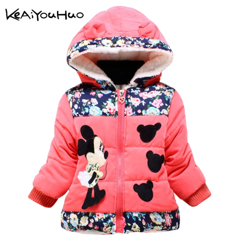 

KEAIYOUHUO 2017 Winter Kids Girls Floral Coat Cute Mouse Baby Jacket Warm Cotton For Girls Hooded Outerwear Children Clothes