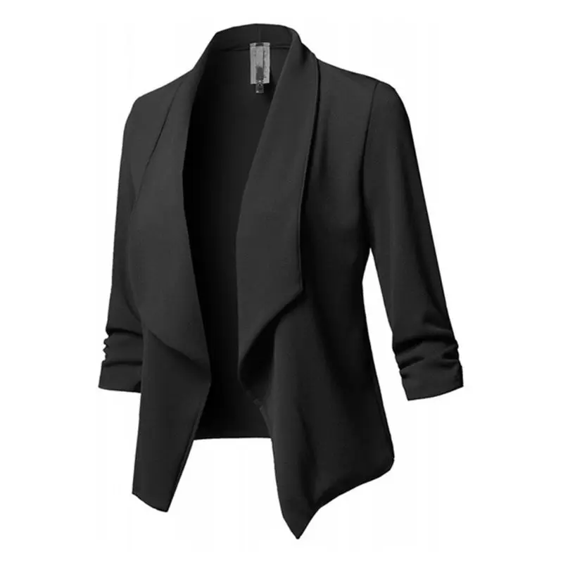 Женское офисное пальто с рукавом три четверти и лацканами, открытая передняя куртка-кардиган, одноцветная W729 - Цвет: Черный