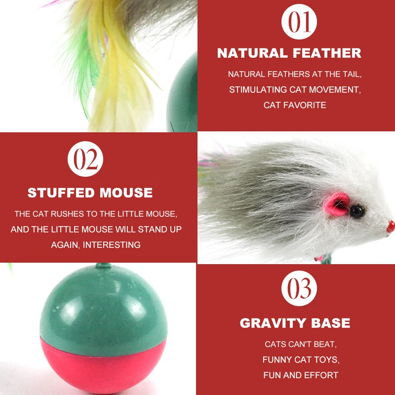 Cat Ball Interactive Cat Mouse Tumbler Toy Kitten Cat Hunt Toys Feather Plastic Play Balls for Catch Cats Supplies