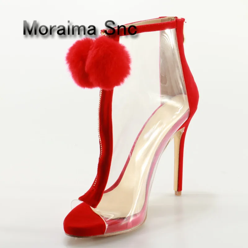 Moraima Snc Shoes Woman Big Size Red Pom Poms Peep Toe Sandals Boots Clear PVC Front Zip Stiletto High Heels Ankle Boots Summer pom pom front zipper design stiletto heels