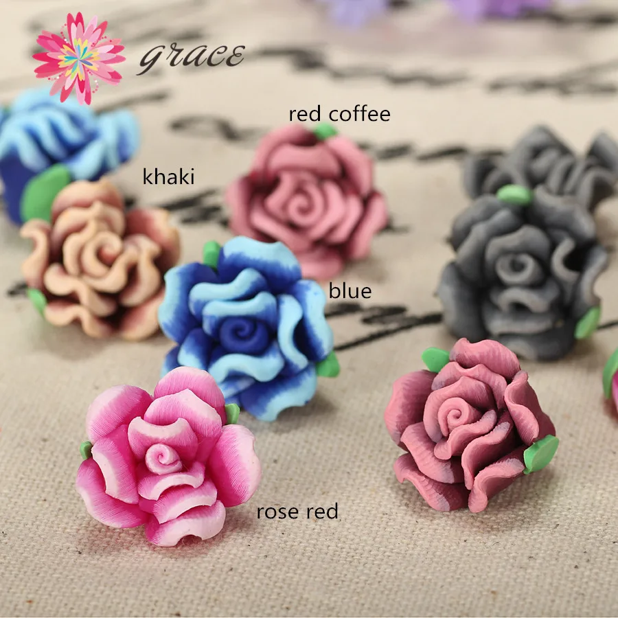 15pc/lot 17mm Beautiful Vintage PolymerClay Fimo Rose Flower Beads Diy