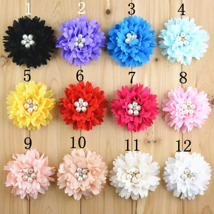 

Chic Baby Girls DIY Accessories New Flatback Chiffon Peony Flower with Pearl Rhineston Button For Baby Headband Hair Flower