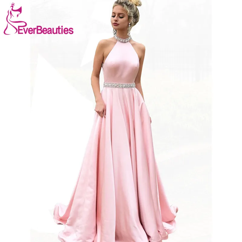 

Evening Dress Long 2019 Satin with Beaded Elegant Halter Prom Party Dress Backless Robe De Soiree