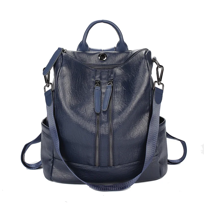 Double Zipper Blue Женский рюкзак mochila feminina, повседневный многофункциональный женский кожаный рюкзак, женская сумка через плечо, сумка для путешествий - Цвет: Double Zipper Blue