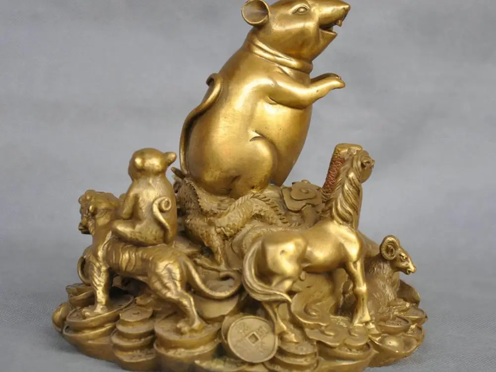 

7" China 12 Zodiac Animal Rat Dragon Bull Tiger Coin Money Yuanbao Bronze Statue