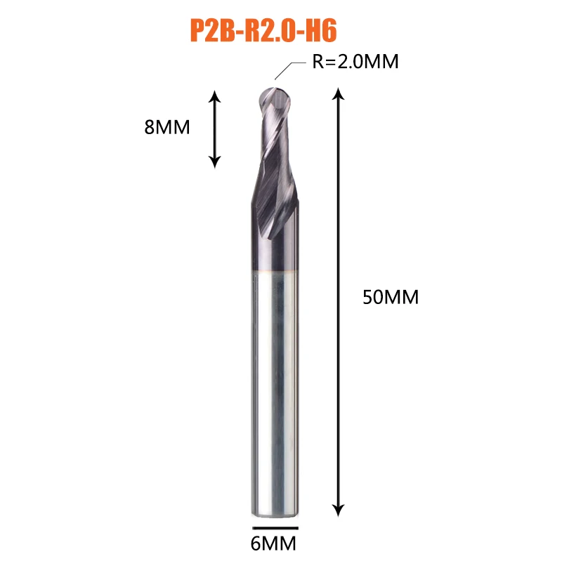 1 шт. торцевая фреза с шариковым концом 2 флейты R0.5-R6.0 фрезерный станок с ЧПУ для обработки металлических граней и пазов hrc50 концевые фрезы с покрытием - Длина режущей кромки: 1PC-P2B-R2.0