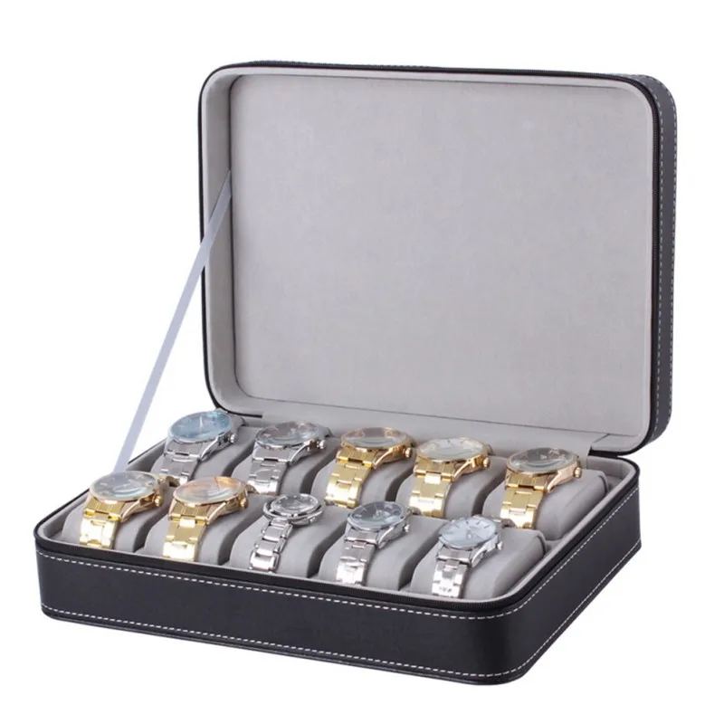 

6 10 12 Slot / Grid Watch Box PU Leather Lint Rainproof Detachable Zipper Jewelry Display Container Storage New