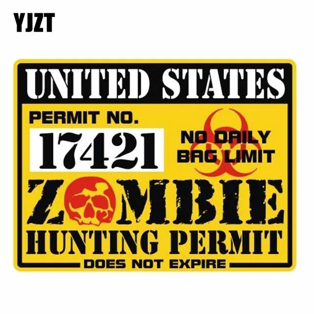 Special Price YJZT 10.2CM*7.1CM Amusing UNITED STATES ZOMBIE Hunting Permit Car Sticker Reflective Decal C1-7416