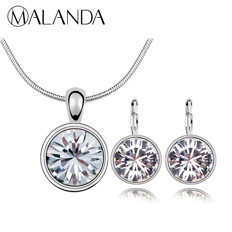 

MALANDA Brand White Balle Crystal From Swarovski Fashion Circle Pendant Necklace Stud Earrings Set Women Wedding Jewelry Sets