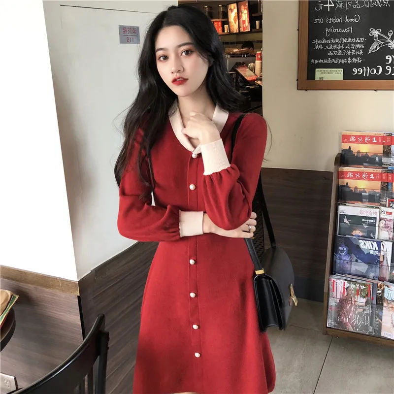 

Women dress in the spring and autumn 2019 new spring knitting French style restoring ancient ways