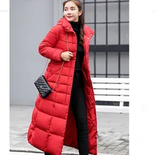 Новинка, зимний длинный пуховик, Женское пальто, большой размер, толстый, теплый, с капюшоном, с поясом, тонкий, красный, черный, высокое качество, белый утиный пух