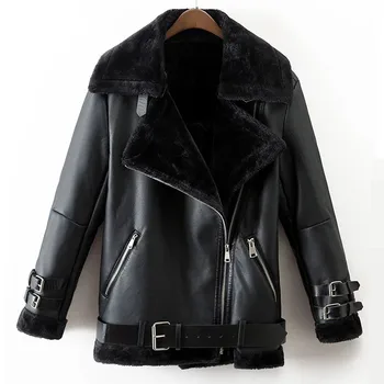 

Faux Leather Suede Coat Aviator Black Leather Jacket Winter Warm Lambs Wool Fur Collar Suede Jackets Shearling Coats Women