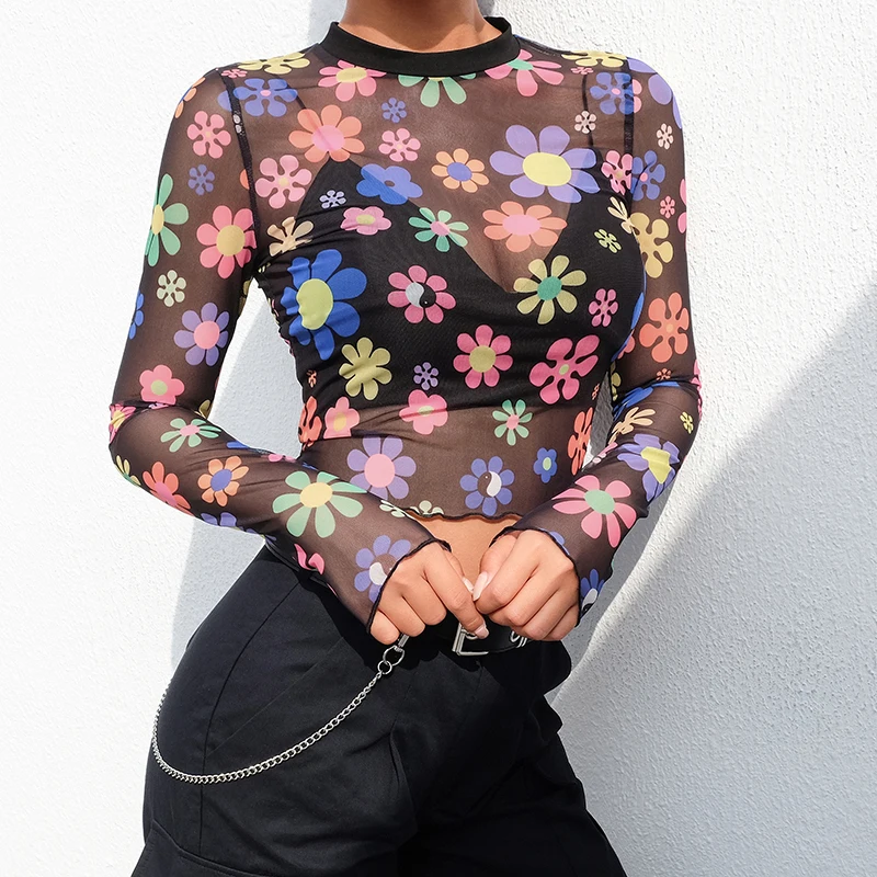 

2019 Women's Perspective Flower Sexy Navel Long Sleeve T-Shirt