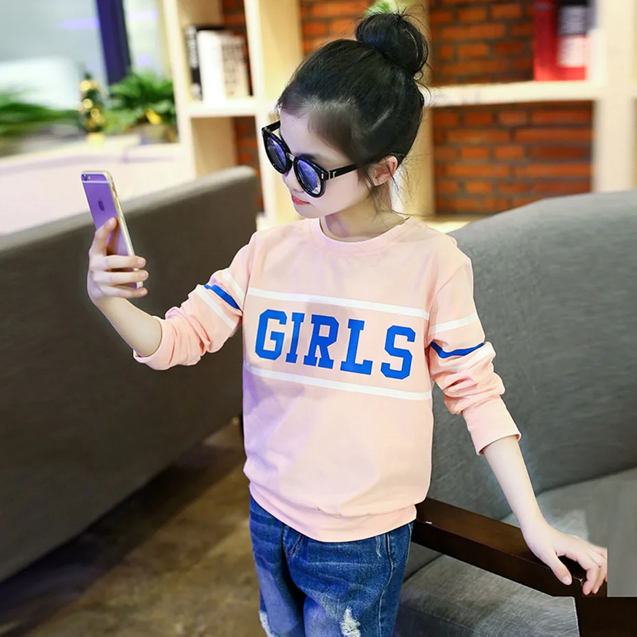 Детские футболки для девочек, хлопковые футболки с длинными рукавами и буквенным принтом для девочек, детская одежда с круглым вырезом для девочек-подростков 6, 8, 10, 12, 14 лет - Цвет: As Picture