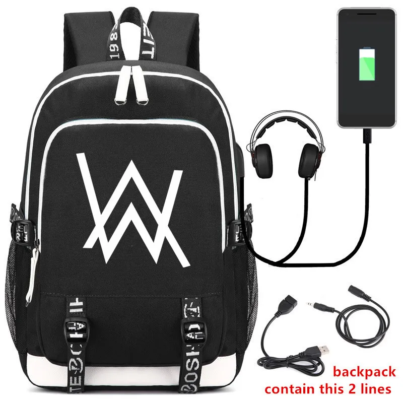 Электронная музыка Fade Alan Walker USB разъем для наушников для мальчиков и девочек школьная сумка для женщин рюкзак для подростков холст мужской рюкзак