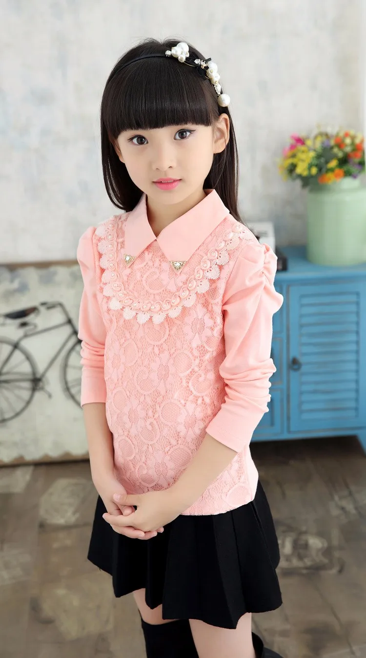 Осень-зима топы и блузки для девочек 3-12 лет с длинным рукавом белого и розового цвета с кружевом школьная блузка для девочек детская рубашка JW0331