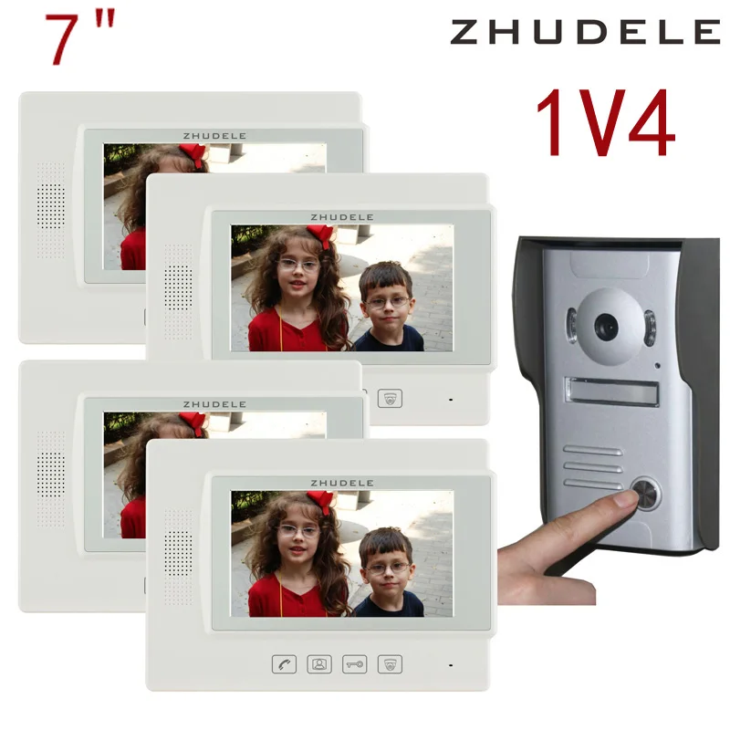 

Free shipping! zhudele 7 inch TFT Monitor LCD Color Video Door Phone DoorBell 1V4 Intercom System touch panel 700TV Line 37M4