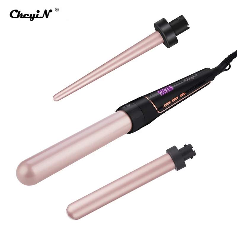 Modelador de Cabelo 3 em 1 Ckeyin Profissional 32mm Curling Ferro Onda Grande Cachos Turmalina Cerâmica Wand Ferramentas Estilo 9mm - 25mm 4 grande cachos turmalina cerâmica curling wand ferramentas estilo