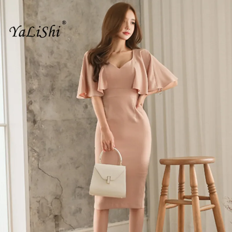 Yalishi 2017 الخريف النساء اللباس مكتب الوردي الخامس عنق فراشة كم فستان مثير فساتين ضمادة bodycon قلم vestidos دي فيستا