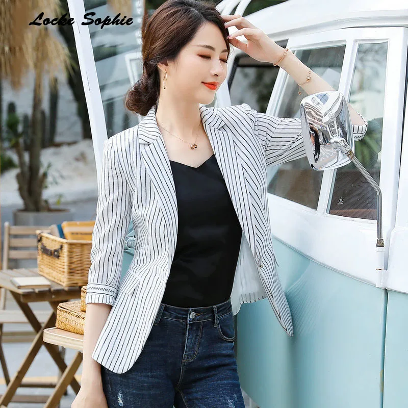 Women's Plus size Slim fit Blazers coats 2019 Summer cotton blend stripe Small Suits jackets ladies Skinny Blazers Suits coats