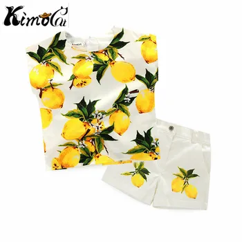 

Kimocat new High quality Hawaiian tropical girl's short-sleeved lemon patterned pantsuit for girl's summer suit