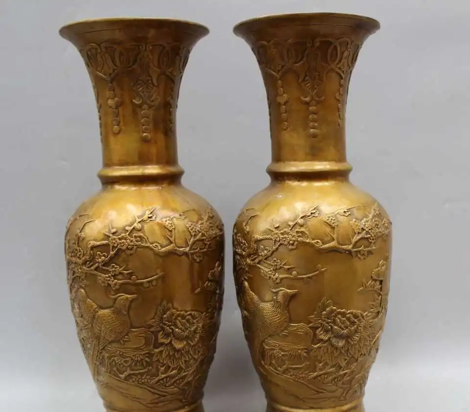 

15" Marked Chinese Bronze Bird plum blossom handle flower Bottle Vase Pair
