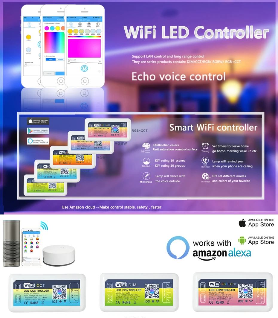 Смарт-wi-fi-регулятор светодиодного освещения RGB/RGBW полосы WI-FI умный музыкальный светодиодный пульт управления DC12-24V 288 W от Alexa iOS/для RGB 5050 3528 Светодиодный полоски