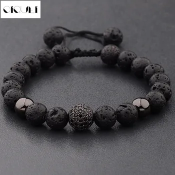 

OIQUEI 2019 Fashion 8mm Micro Pave Stone Beads Bracelet Men Black Lava Round Stone Strand Bracelets&Bangles Pulseras Hombres