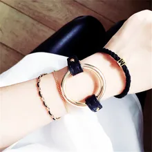 Hot New 2016 Fashion Metal Circle Bangle Statement Black Leather Love Bracelets Women Gift Wrist Band