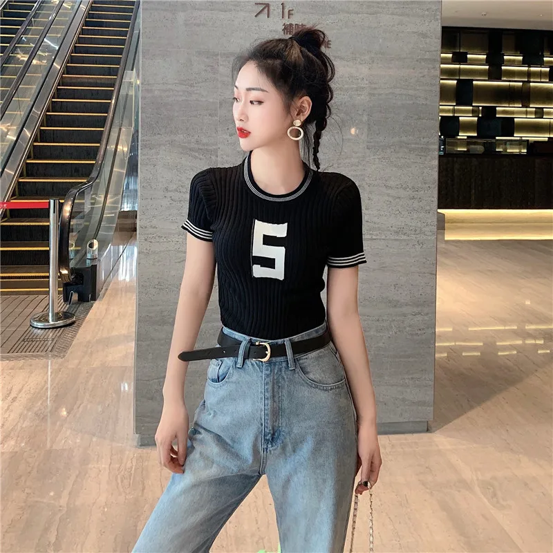 Blusas Женская футболка Летняя короткая футболка тонкая трикотажная футболка с принтом цифра 5 с коротким рукавом - Цвет: Черный