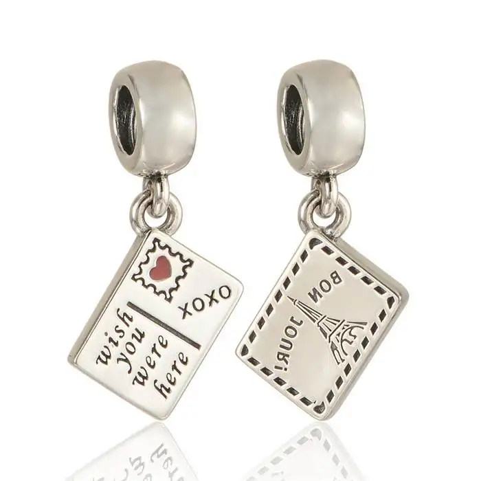 

New Eiffel Tower Card Dangle Charms With Red & Blue Enamel Wish You Were Here 925 Silver Suitable for Pandora Charm Bracelets