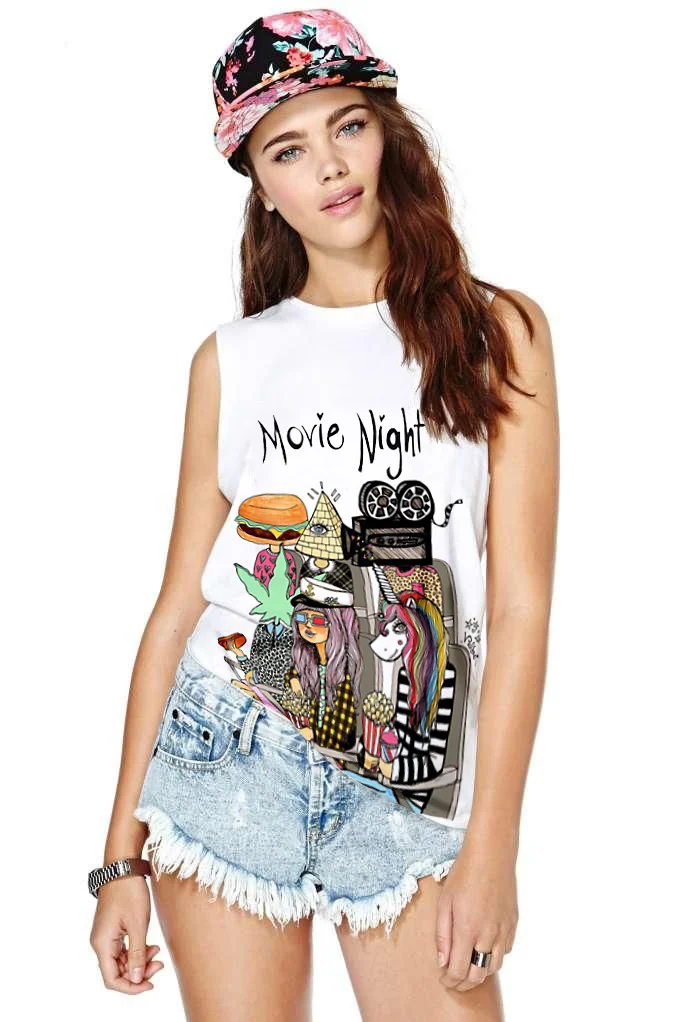 

F1458 3D Gothic Moe Night Letters Print Women Camisole Tops Sleeveless Casual T Shirts