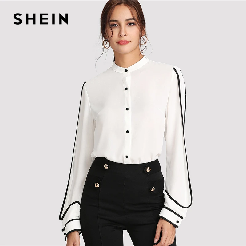 SHEIN Белая Блузка С Элегантным Воротником Стойкой Осенний Топ Длинными Рукавами И