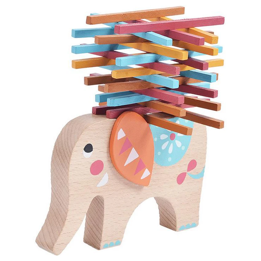 

Wooden Building Block Cartoon Elephant Stick Balance Toy for Children Early Educational lote Animal Assembling Block Kids Craft