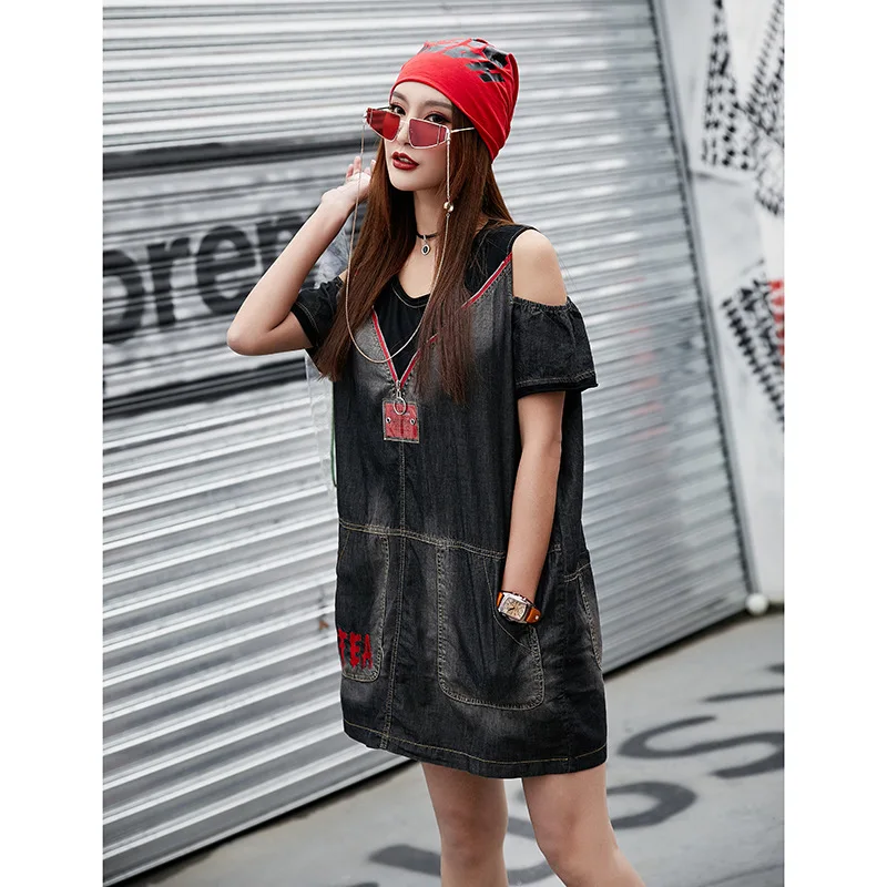 Punk Rock Jean shirt dress Open Shoulder Above Knee women dresses Short Sleeve 2019 New Women Denim Clothing summer LT924S50
