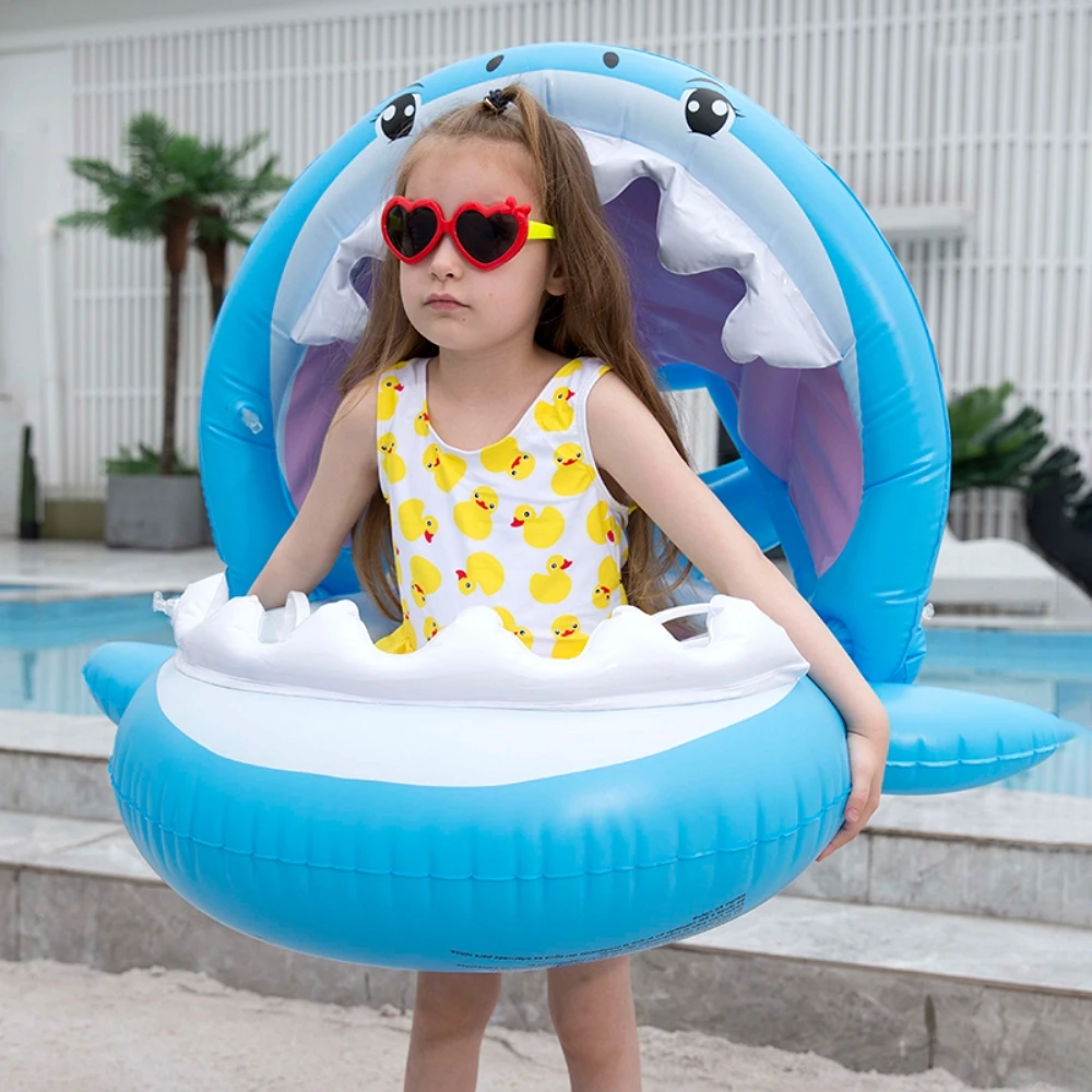 

Baby Swimming Pool Inflatable Shark Ride-On Pool Float with Sunshade Inflatable Flamingo Water Toys kids Swimming Circles