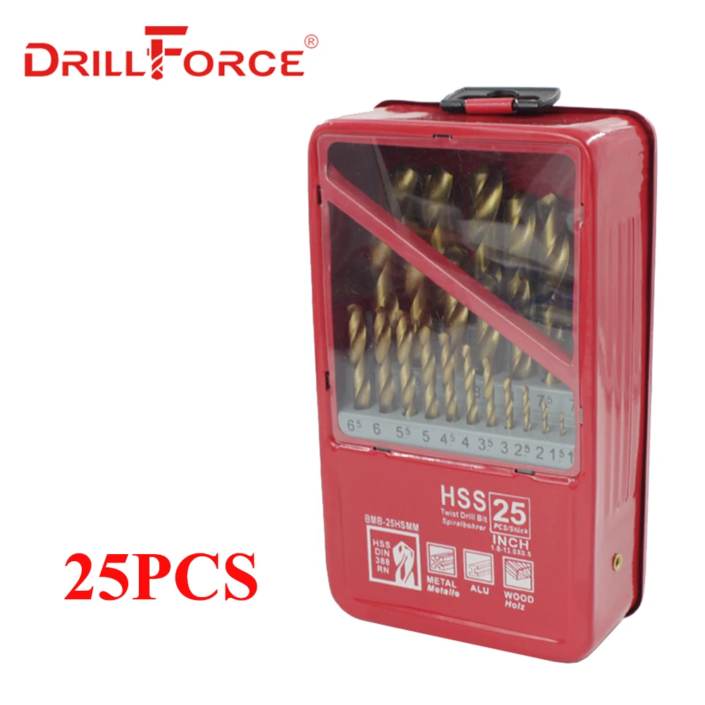 DRILLFORCE 13/19/25 шт. HSS M2 Титан покрытием алмазное сверло для деревообрабатывающий сверлильный биты 1,0~ 13 мм Мощность инструменты аксессуары