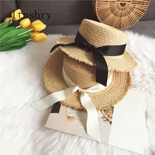2019 Summer Bowknot Straw Ribbon Sun Hats for Women Beach Fashion Sun Hat Wide Brim Foldable Panama Chapeau Femme Wide Brim Hat curly brim pompon bowknot embellished pillbox hat