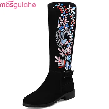

Masgulahe fashion black women boots round toe zipper autumn winter genuine leather+pu ladies boots cow leather knee high boots